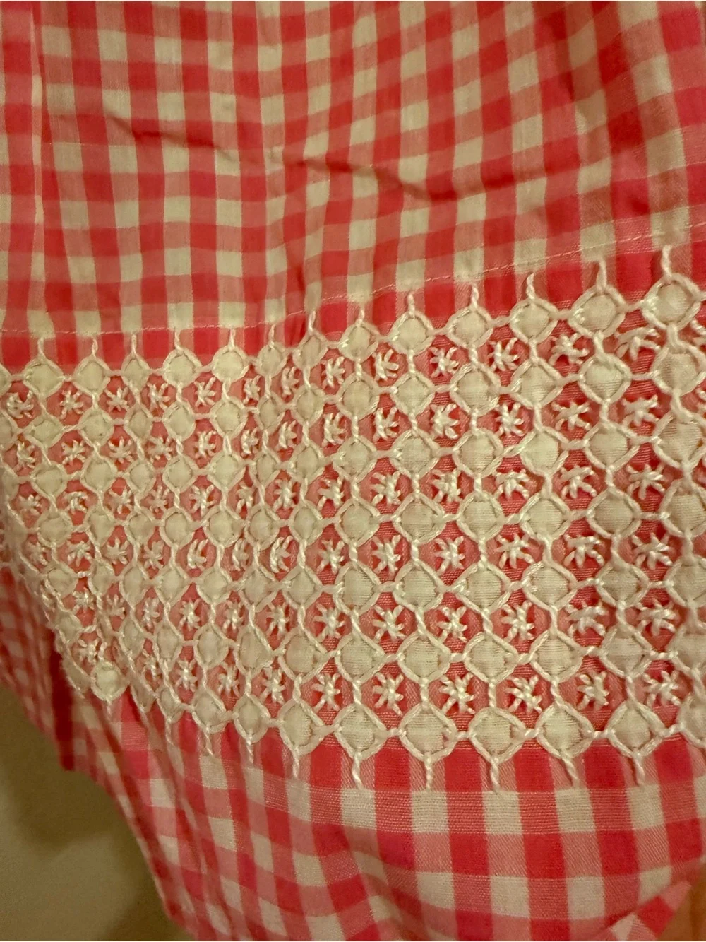 Vintage Pink Gingham Half Apron with Pocket & Lace Trim Cottagecore Retro